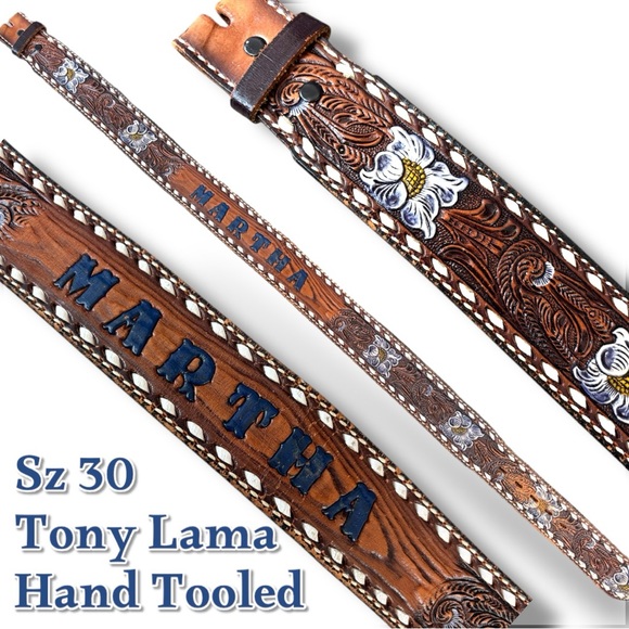 Tony Lama Monogrammed Martha Handmade Floral Brown Blue HOT Kitsch Leather Belt - Picture 4 of 8